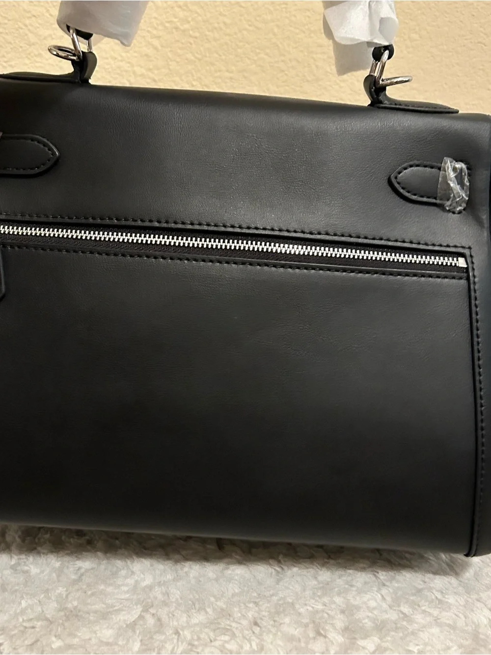 28cm Black Top Handle Double Front Pocket Leather Satchel